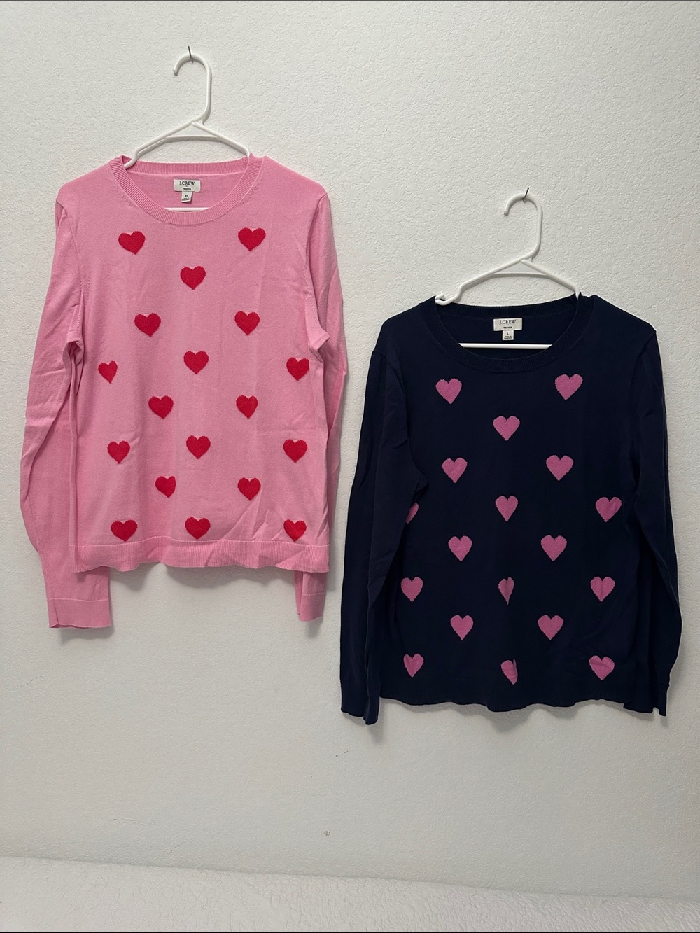 J. Crew Heart-Print Crewneck Sweaters — Pink & Navy